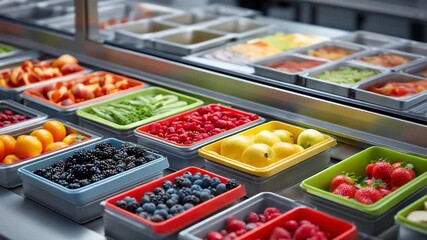 Various fruits are arranged neatly in containers on a market counter, showcasing a wide selection available for customers