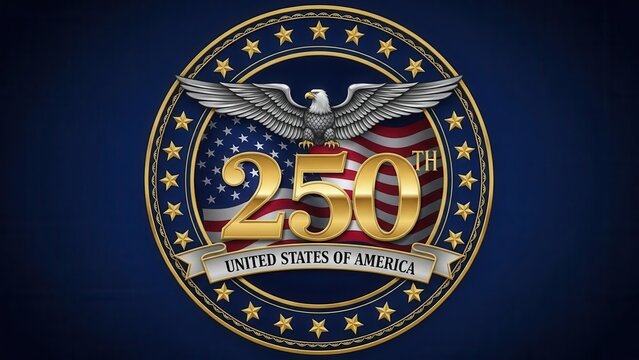 Golden 250th anniversary seal of the United States of America featuring a majestic eagle, stars, and American flag background. Premium patriotic emblem for 2026 semiquincentennial celebration.