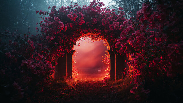 Stone arch portal covered in dark crimson flowers glowing with fiery light