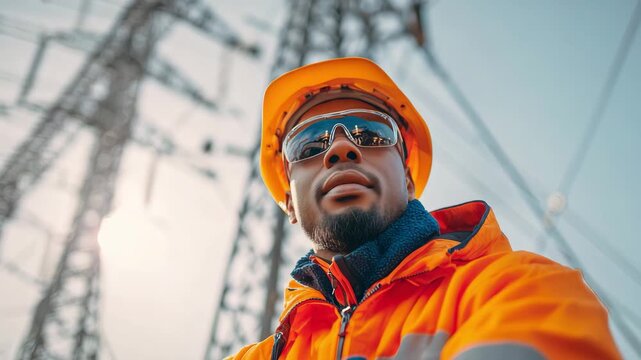 A worker in bright safety gear stands confidently in front of power lines under clear skies