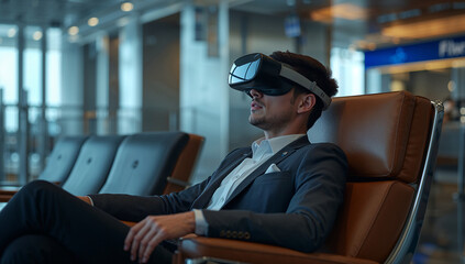 Businessman wearing a VR headset while seated in a premium airport lounge chair.