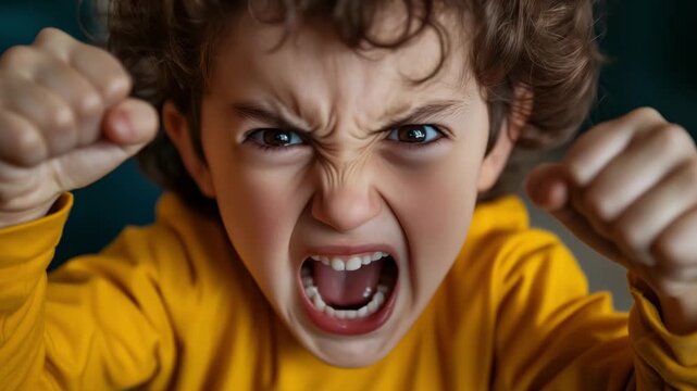 A child with curly hair is shouting and showing anger with clenched fists at home