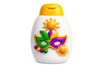 Mardi gras themed sunscreen icon with festive mask and sun decorations for celebration design