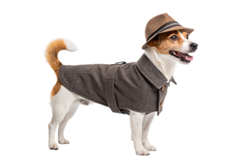 Jack Russell terrier wearing gray coat and brown fedora hat, isolated on a transparent background