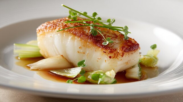 Cod loin with clean rectangular plating, warm neutral tones