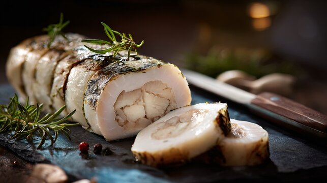 Fish ballotine sliced cleanly, pale ceramic background
