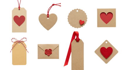 Kraft paper gift tag set including heart shapes, scalloped circle, square, and envelope variants. Valentine's day and wedding stationery collection.