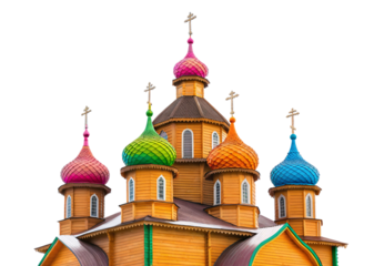 Colorful wooden Orthodox church with vibrant onion domes and crosses, isolated on a transparent background