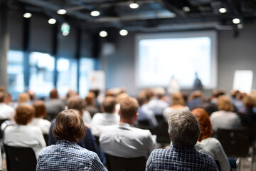 A rear view of an audience listening to a presentation in a large, brightly lit conference room.