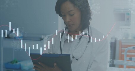 Checking woman doctor holding tablet in clinic, wearing lab coat and stethoscope, candlestick chart