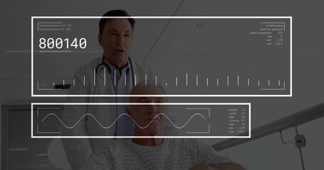 Examining doctor behind patient in ward checking HUD overlays white coat patterned gown stethoscope