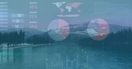 Displaying mountain lake reflecting tree line and snow patches with dock posts, faint data charts