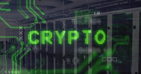 Displaying neon-green CRYPTO overlay across central server racks in data center, showing LED lights