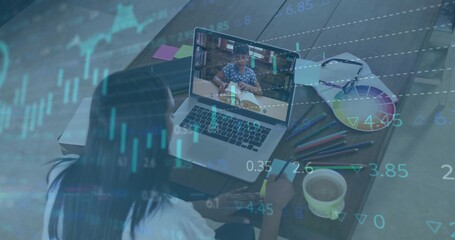 Guiding mom in light top writing notes at home desk, laptop showing child, data-overlay, copy space