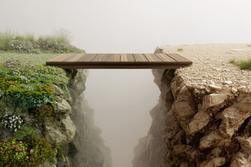 Conceptual landscape showcases a narrow wooden bridge connecting two cliffs, one side lush with greenery, the other dry and rocky, evoking contrast and harmony