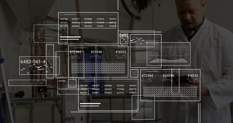 Inspecting senior technician in lab coat using tablet by tanks with HUD overlays, copy space