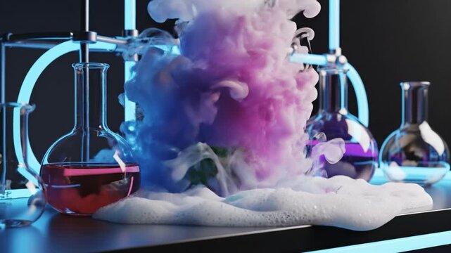 Colorful chemical reaction laboratory glassware with purple and blue smoke and foamy spill combining bubbling solution and vapor plume glass beaker with glowing vapor and laboratory flasks