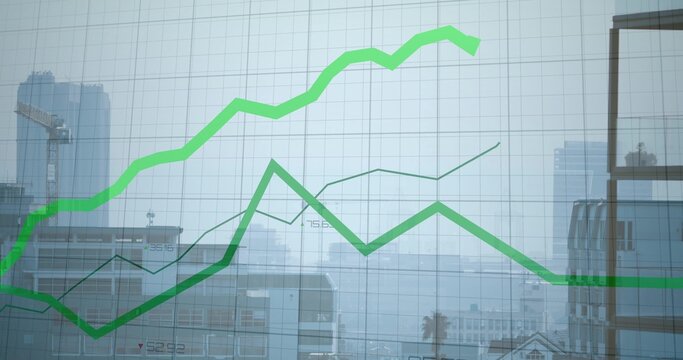 Displaying translucent financial chart on glass facade of city, showing bright green trend line - Powered by Adobe