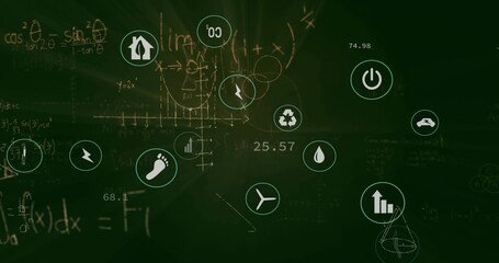 Displaying cluster of green energy icons overlaying school chalkboard with equations and numbers