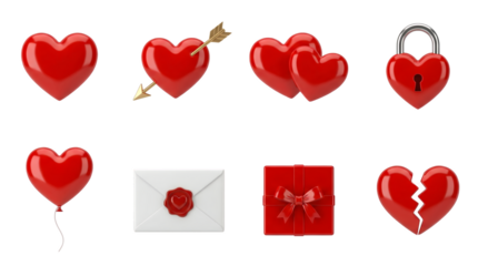Red heart icon set including arrow, lock, balloon, envelope, gift, and broken shapes isolated. Valentine and love symbols collection.
