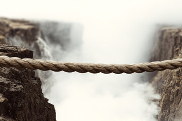 Taut rope stretches across a vast chasm, showcasing rugged cliff edges and dense fog enveloping the canyon floor, creating a dramatic scene