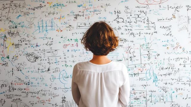 Wall looks at a wall filled with mathematical equations and drawings on a whiteboard at a classroom