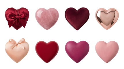 Decorative heart set including satin, marble, velvet, metallic, and leather textures isolated. Valentine holiday and romantic gift collection.