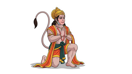 Illustration of Hanuman, the Hindu deity, with a prayerful expression and a long tail, digital art
