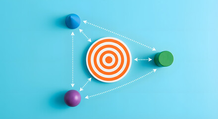 top view of business target and geometric shapes connected by arrows on blue background representing strategic marketing alignment goal setting and integrated corporate planning