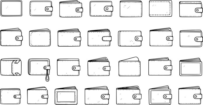 Hand-drawn Outline Wallet Icons Set. Collection of Various Money Purses and Billfolds in Doodle Style, Showing Different Shapes and Closure Types, Isolated on White.