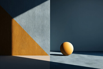 Geometric composition featuring a spherical object on a textured surface, illuminated by dramatic lighting, showcasing contrasting colors and shadows in a modern artistic setting