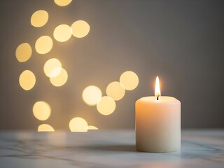 Minimalist white pillar candle burning on a marble surface with warm bokeh background light