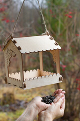 A woman holds sunflower seeds in her palms for a bird feeder
