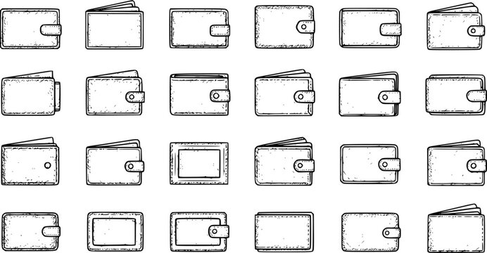 Collection of Hand Drawn Sketch Wallets, Purses. Finance, Money, Shopping, Payment, Savings. Vector Isolated Illustration.