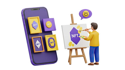 Artist Creates NFT Art on Easel Next to Smartphone Displaying NFTs