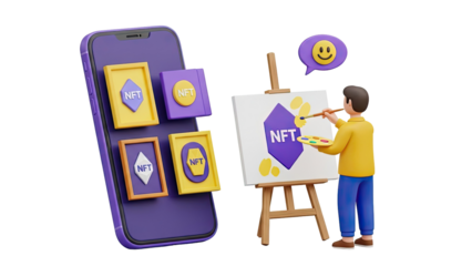 Artist Creates NFT Art on Easel Next to Smartphone Displaying NFTs