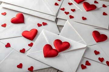 A collection of white paper envelopes adorned with various sizes of shiny red fabric hearts scattered across a textured surface for romance.