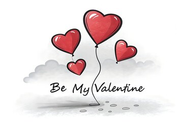 Four bright red heart shaped balloons float gently above subtle watercolor clouds featuring the phrase be my valentine invitation.