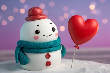Adorable stylized snowman figurine wearing a tiny red hat and teal scarf stands happily next to a vibrant red heart shaped balloon in soft winter light