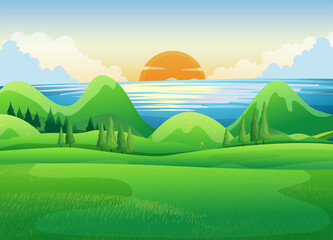 Fototapeta premium Cartoon illustration of a serene landscape with rolling green hills, a calm blue sea, and a vibrant sunrise or sunset. Ideal for backgrounds, illustrations, and promotional materials.