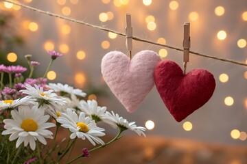 Two lovely felt hearts one pink and one deep red hang from a rustic twine string with white daisy flowers blooming below against bokeh lights