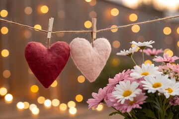 Two felt hearts hanging on a string with clothespins next to a beautiful bouquet of daisies creating a warm romantic holiday atmosphere