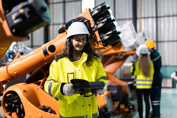 Female engineer wearing safety helmet and high visibility jacket operates robotic arm using digital tablet in advanced manufacturing facility. Concept of automation and smart industry.