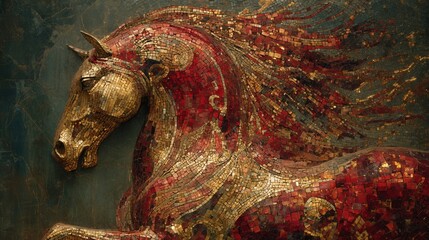 Majestic mosaic horse with vibrant red and gold tiles