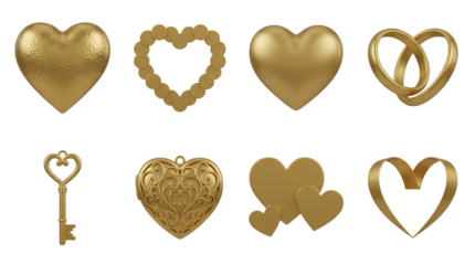 Gold heart set including textured, polished, filigree, interlocking rings, and key variants isolated. Romantic jewelry and wedding decoration collection.