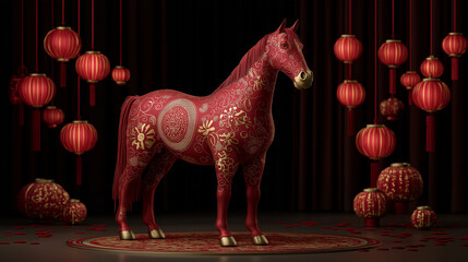 A stunning digital artwork of a resplendent crimson horse, adorned with exquisite golden embellishments, stands regally amid an array of vibrant red lanterns.