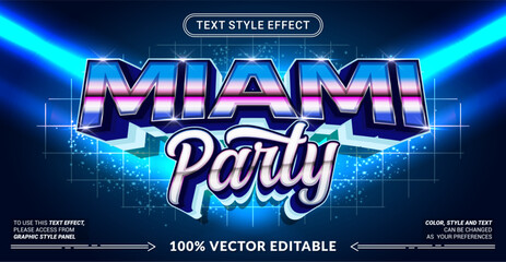 Editable text effect vector &ldquo;Miami Party&rdquo; features bold 3D lettering with neon colorful gradients, delivering a vibrant nightlife vibe for party posters, events, and modern promotions.