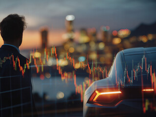 Ambition and Urban Horizon: A sophisticated individual gazes pensively towards a glittering cityscape as evening descends, a luxury vehicle hinting at success, overlaid with financial charts.
