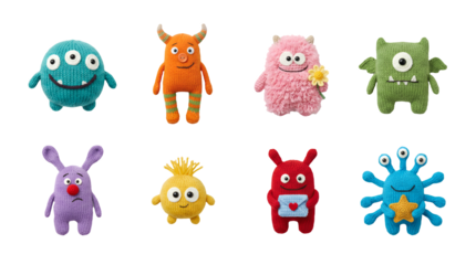 Knitted monster toy set including various colorful handmade plush characters with horns, eyes, and fuzzy textures isolated. Cute amigurumi craft collection.