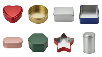 Metal tin box set including heart, round, rectangular, square, oval, hexagonal, star, and cylindrical shapes isolated. Packaging and storage container collection.